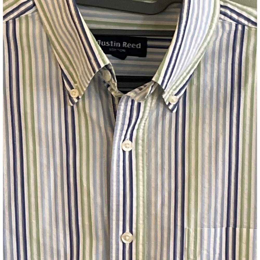 Austin Reed Seersucker Blue Green Striped Short Sleeve Preppy Summer Shirt Large